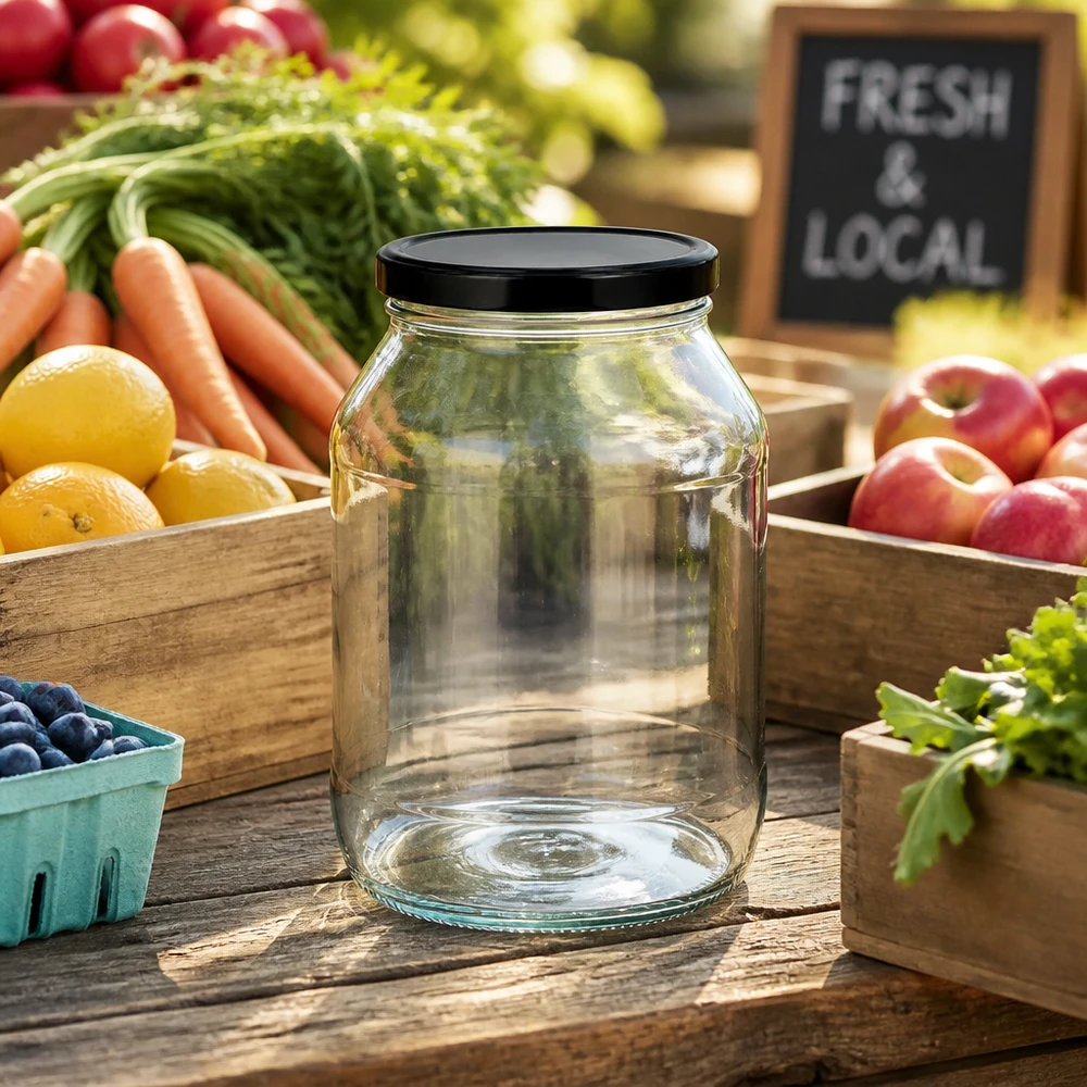 2650ml Verre rond avec couvercle BasicSeal noir UNiTWIST Leeres 2650ml Rundglas mit schwarzem Deckel zwischen frischem Obst und Gemüse auf Holztisch im Farmers Market Stil