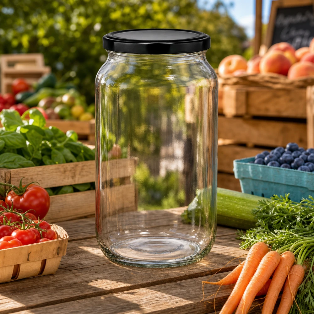 1062ml Verre rond avec couvercle BasicSeal noir UNiTWIST Pot rond de 1062ml devant un stand de marché avec des légumes frais - pot pratique pour les produits du jardin et le fait maison