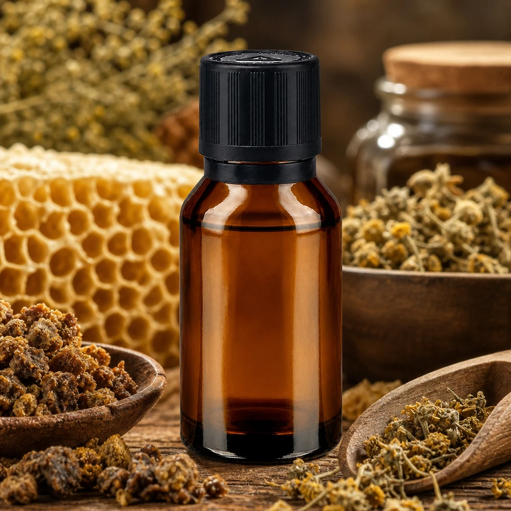 Flacon en verre brun de 15 ml muni d'un bouchon compte-gouttes, entouré de nids d'abeilles et d'herbes séchées