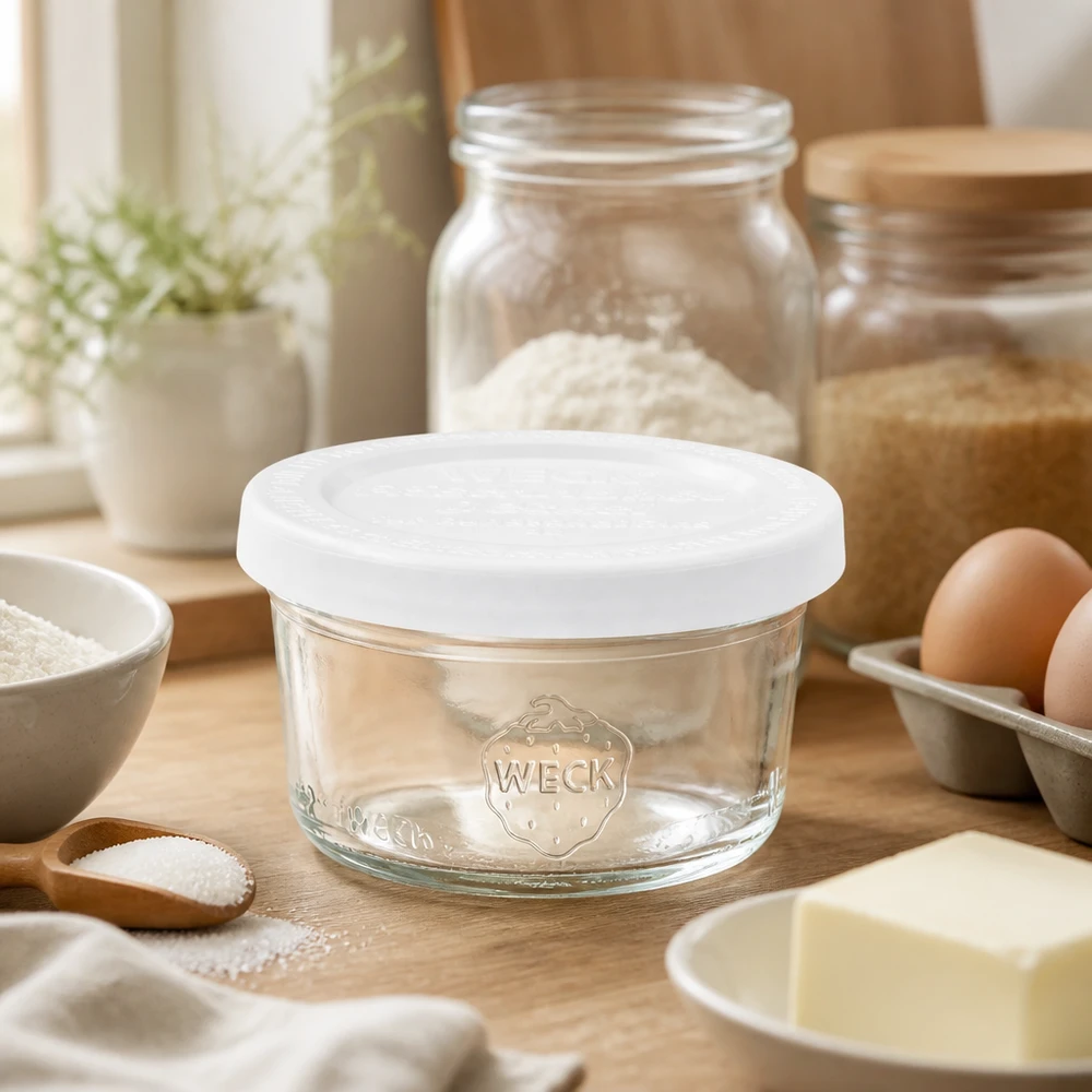 50ml WECK Pot renversé RR60 avec couvercle fraîcheur dans une cuisine rustique entre les ingrédients de cuisson farine œufs et ustensiles en bois