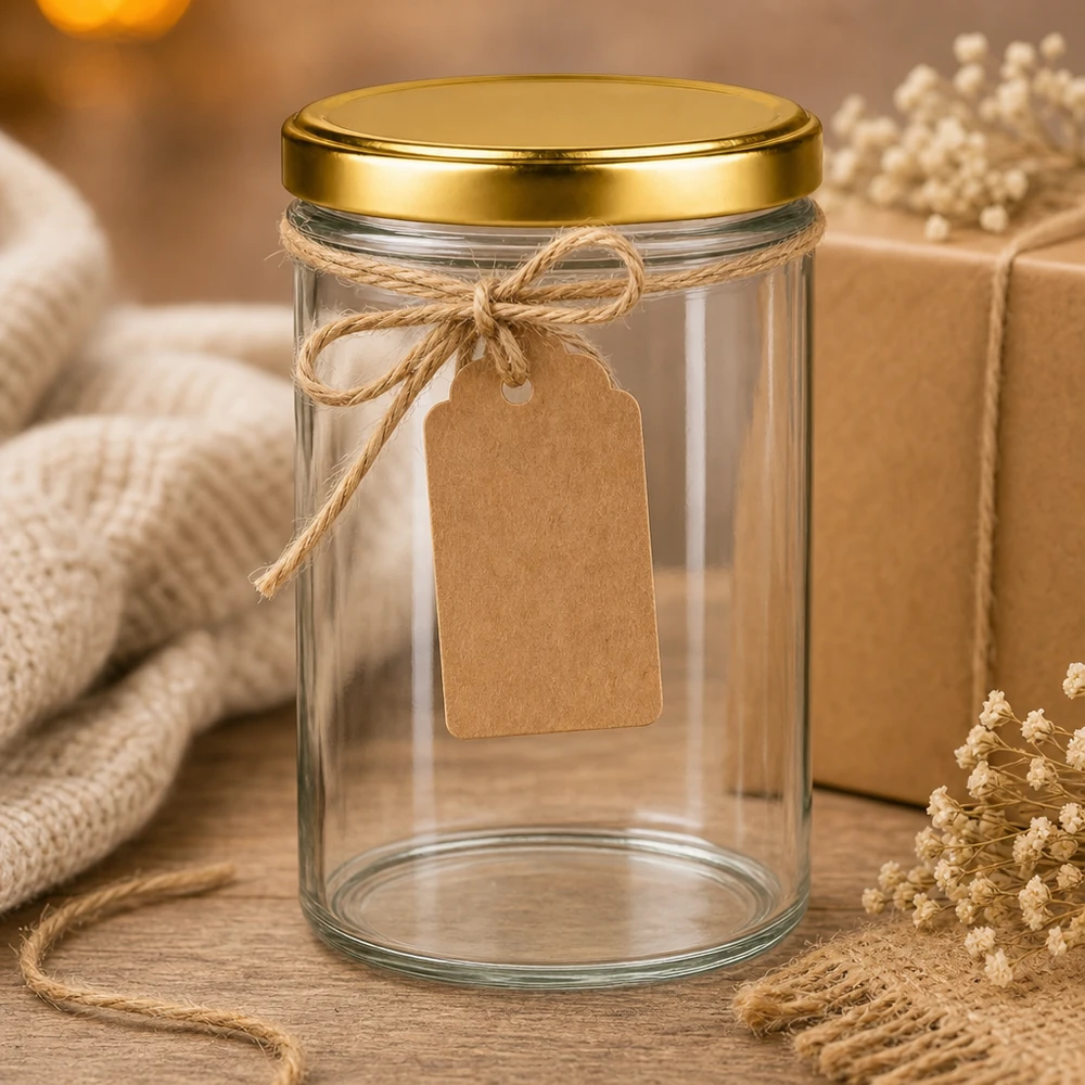 435ml Verre conique avec couvercle BasicSeal or UNiTWIST Verre renversé de 435 ml UNiTWIST avec couvercle doré comme emballage cadeau avec corde de jute et pendentif en papier kraft