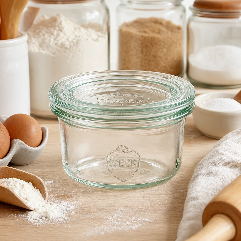 50ml bocal conique avec bouchon en verre WECK RR60 WECK Pot renversé 50ml RR60 dans l'environnement de la cuisine avec de la farine des œufs et des ingrédients de boulangerie pour une conservation polyvalente