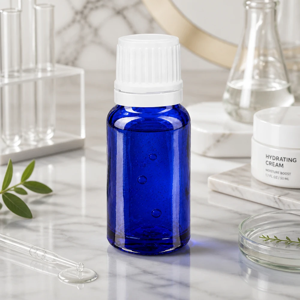 Flacon de pharmacie bleu 10ml bouchon vissable blanc bouchon d'inviolabilité Flacon opacifiante de 10 ml, bleu, avec bouchon à vis blanc, posé sur du marbre à côté de matériel de laboratoire en verre