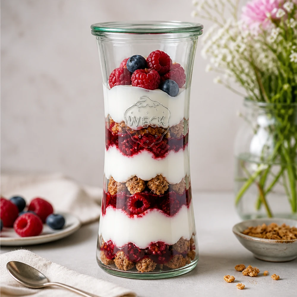 700ml bocal à gourmandises avec bouchon en verre WECK RR80 WECK 700ml Delikatessenglas RR80 mit geschichtetem Joghurt-Beeren-Parfait - stylisches Einmachglas für Desserts