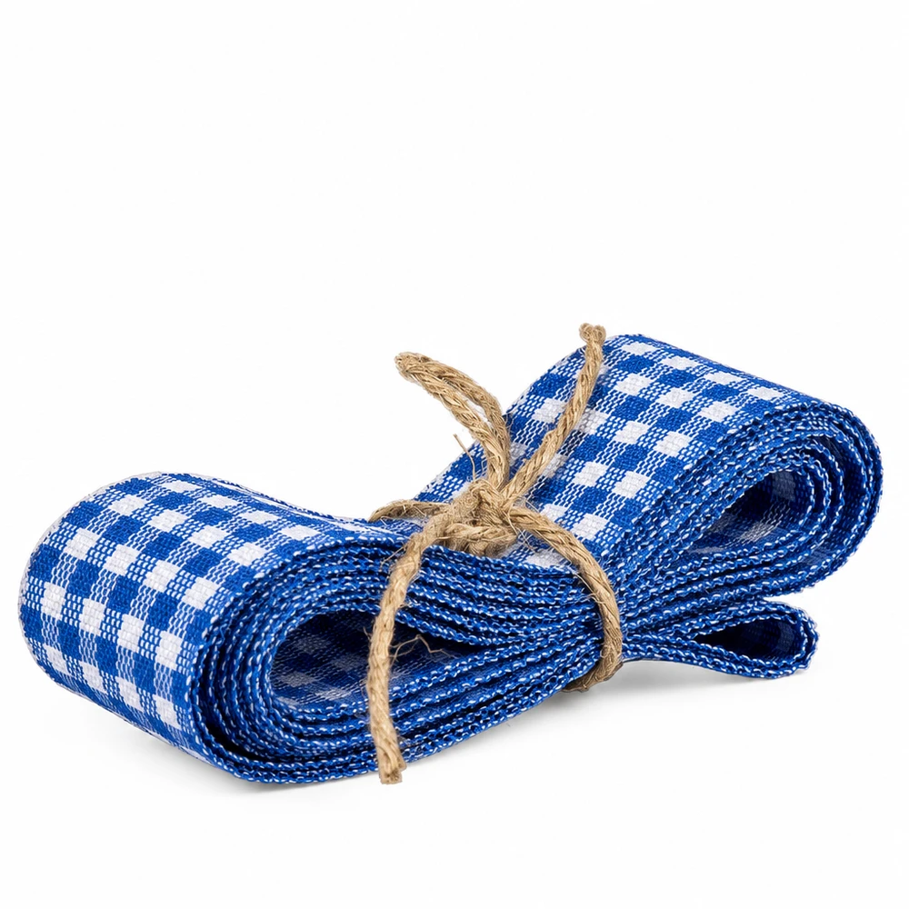 Ruban de tissu bleu et blanc à carreaux 300cm de long enroulé et lié avec de la ficelle de jute pour la décoration et le bricolage