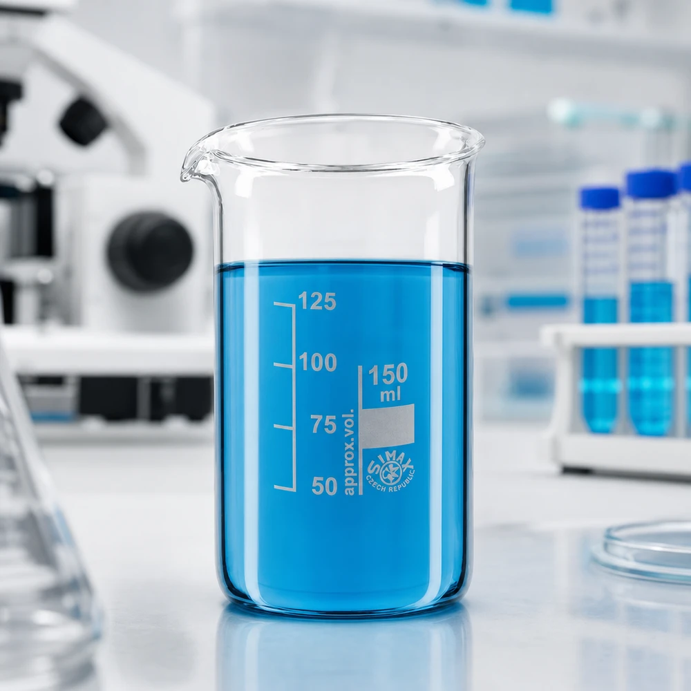 Bécher 150ml en verre borosilicate résistant à la chaleur (forme haute) Bécher de laboratoire de 150 ml, de forme haute, contenant un liquide bleu sur un plan de travail blanc