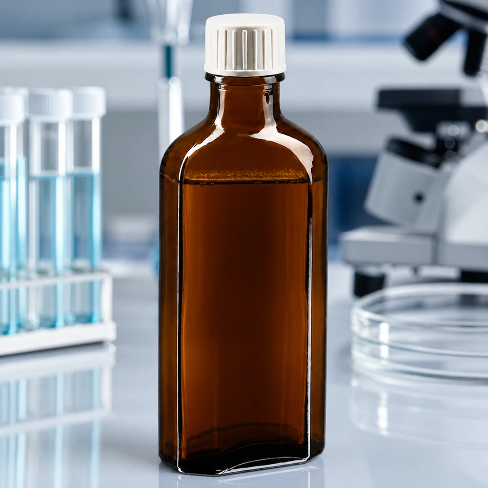 Flacon de pharmacie opaque de 100 ml en verre brun, muni d'un anneau verseur et d'un bouchon à vis à l'épreuve des enfants