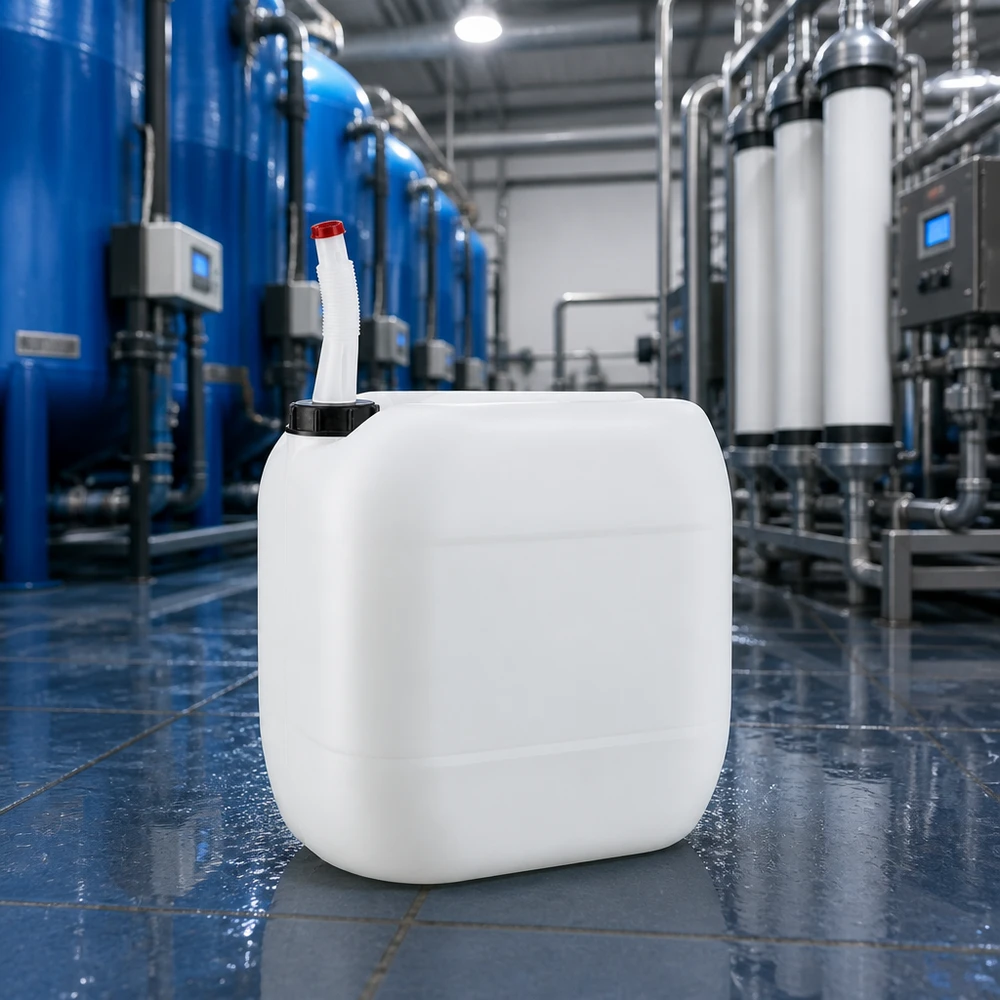 Bidon 30 litres avec tuyau d'écoulement Flex Bidon carré en PEHD de 30 litres avec bec verseur flexible dans une station moderne de traitement de l'eau