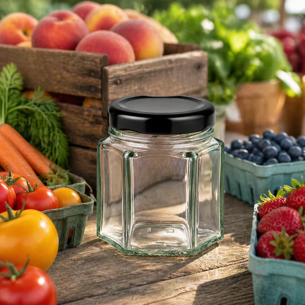 47ml Verre hexagonal avec couvercle BasicSeal noir UNiTWIST Bocal hexagonal vide de 47 ml avec couvercle noir sur table en bois entourée de fruits et légumes frais dans un décor champêtre