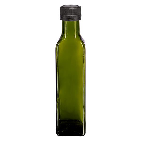 Bouteille d'huile 250 ml carrée, vert olive + capsule à vis noire (PP 31,5 mm), bague anti-gouttes et système d'inviolabilité