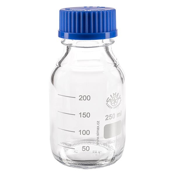 Bouteille à vis de laboratoire 250 ml + bouchon bleu + bague