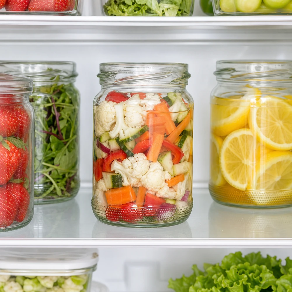 110ml Verre rond sans couvercle (TO48) UNiTWIST UNiTWIST Runda110 Bocal rond 110ml TO48 avec légumes dans le réfrigérateur pour la conservation des aliments