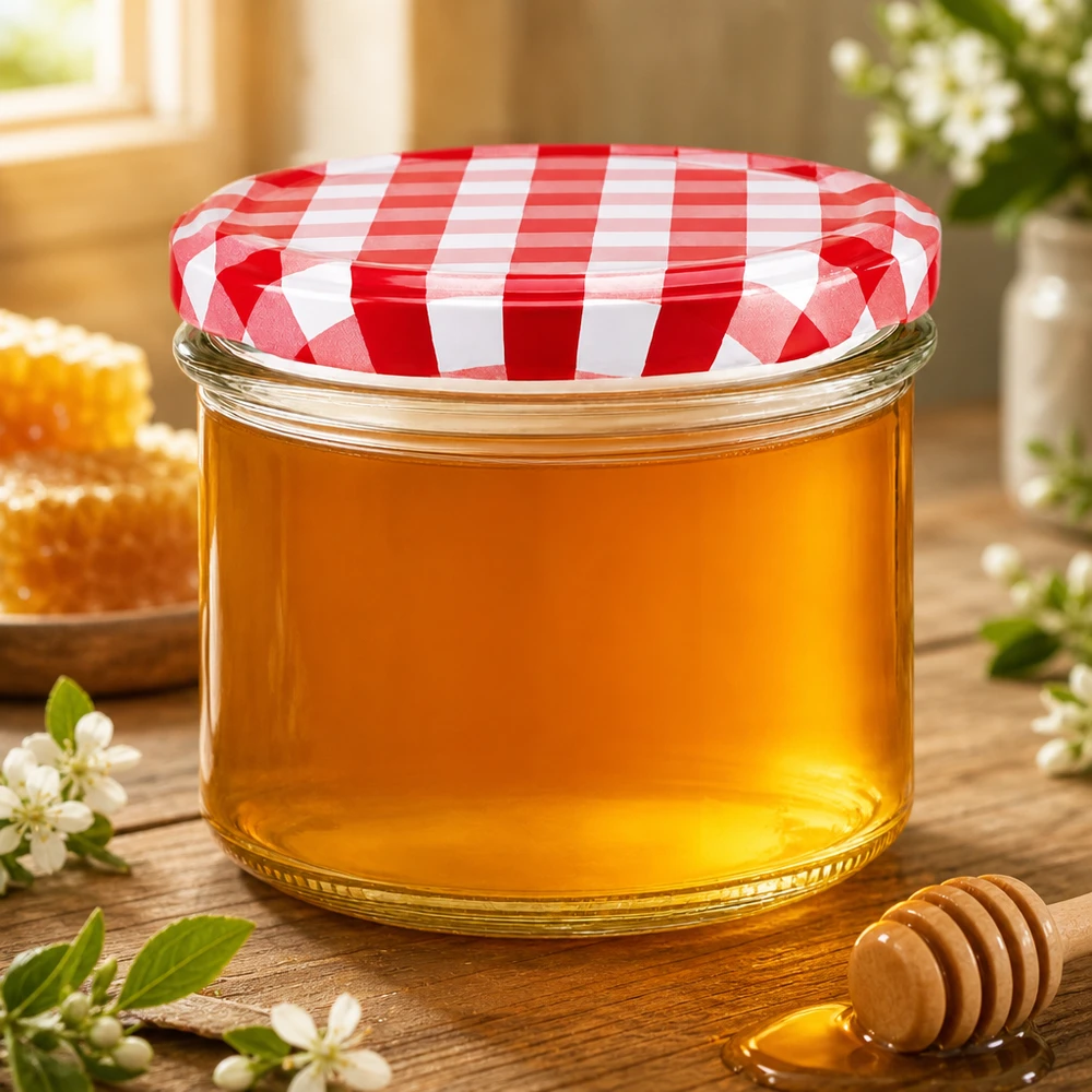 Pot de 225 ml rempli de miel avec couvercle à carreaux rouges et blancs, à côté d'une cuillère à miel et d'une décoration florale.