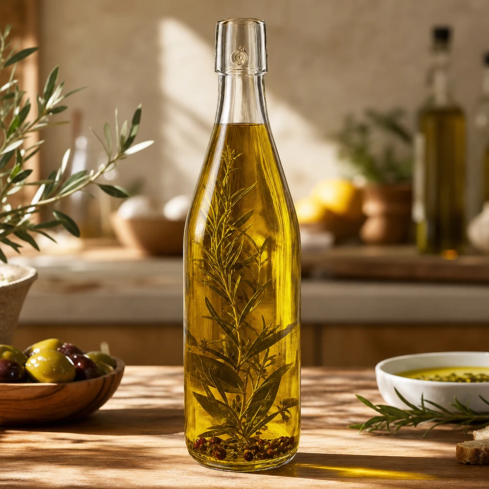 Bouteille en verre de 500 ml sans bouchon mécanique UNiTWIST Bouteille en verre de 500 ml UNiTWIST remplie d'huile d'olive et d'herbes aromatiques dans la cuisine méditerranéenne comme exemple d'utilisation