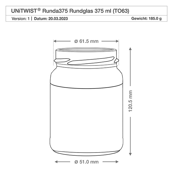 UNiTWIST Runda375 Rundglas 375ml TO63 technische Zeichnung mit Maßangaben Durchmesser 61mm Höhe 120mm Gewicht 185g