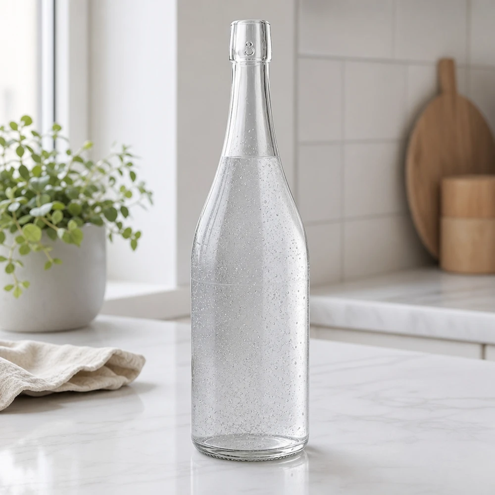 Bouteille en verre de 750ml UNiTWIST remplie d'eau gazeuse cuisine moderne plan de travail en marbre blanc Ambiente