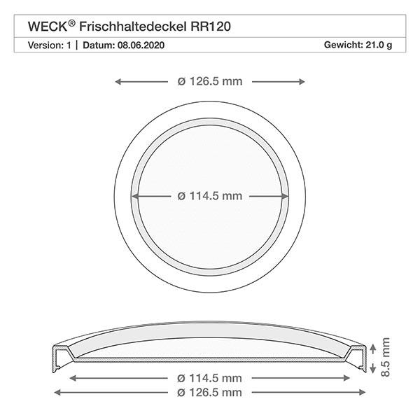 Dessin technique WECK couvercle de conservation RR120 avec dimensions 126,5mm diamètre extérieur 114,5mm diamètre intérieur