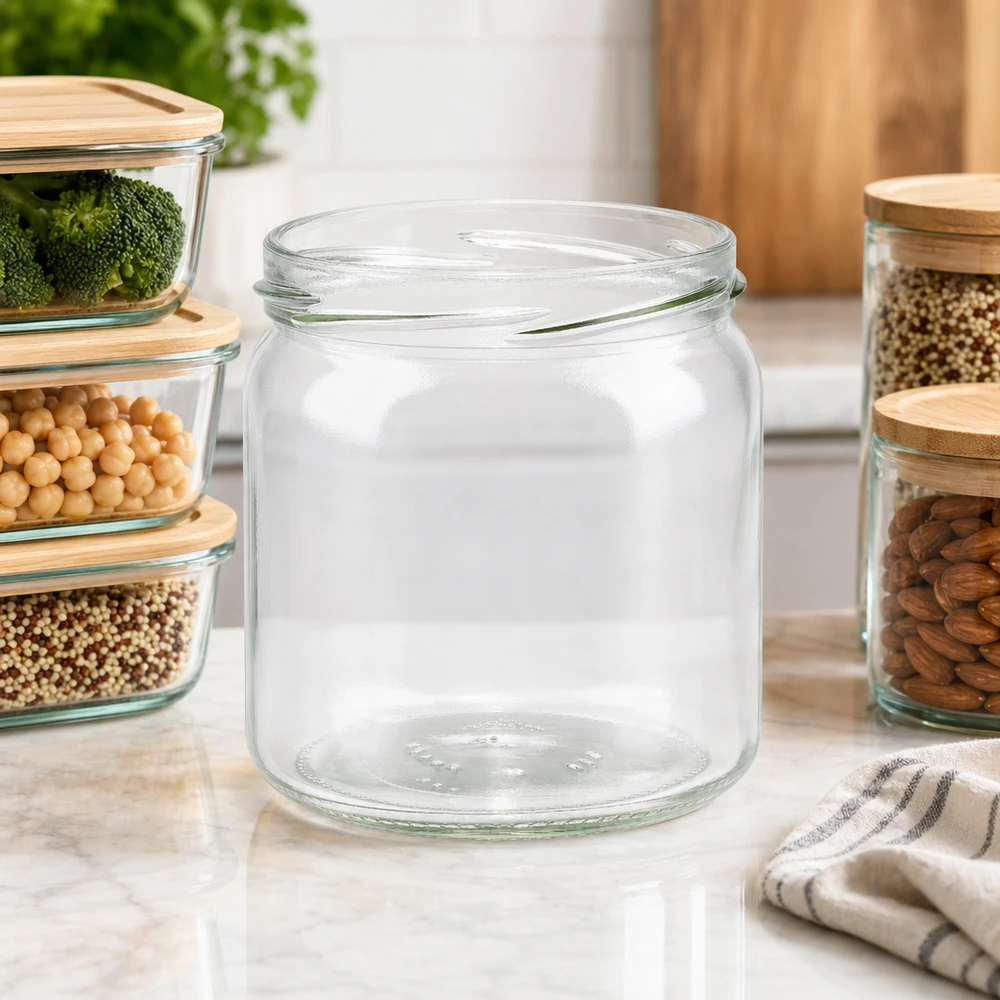 408ml Verre rond sans couvercle (TO82) UNiTWIST UNiTWIST Runda408 Verre rond vide 408ml TO82 sur plan de travail de cuisine avec bocaux à provisions et noix comme accessoires de cuisine
