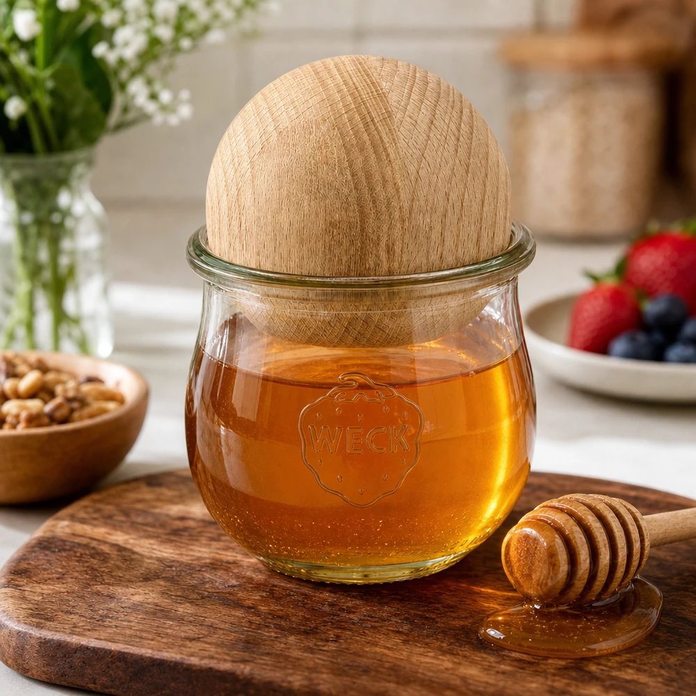 WECK Pot tulipe RR80 370ml avec boule en hêtre comme pot à miel avec cuillère à miel sur planche en bois dans la cuisine naturelle