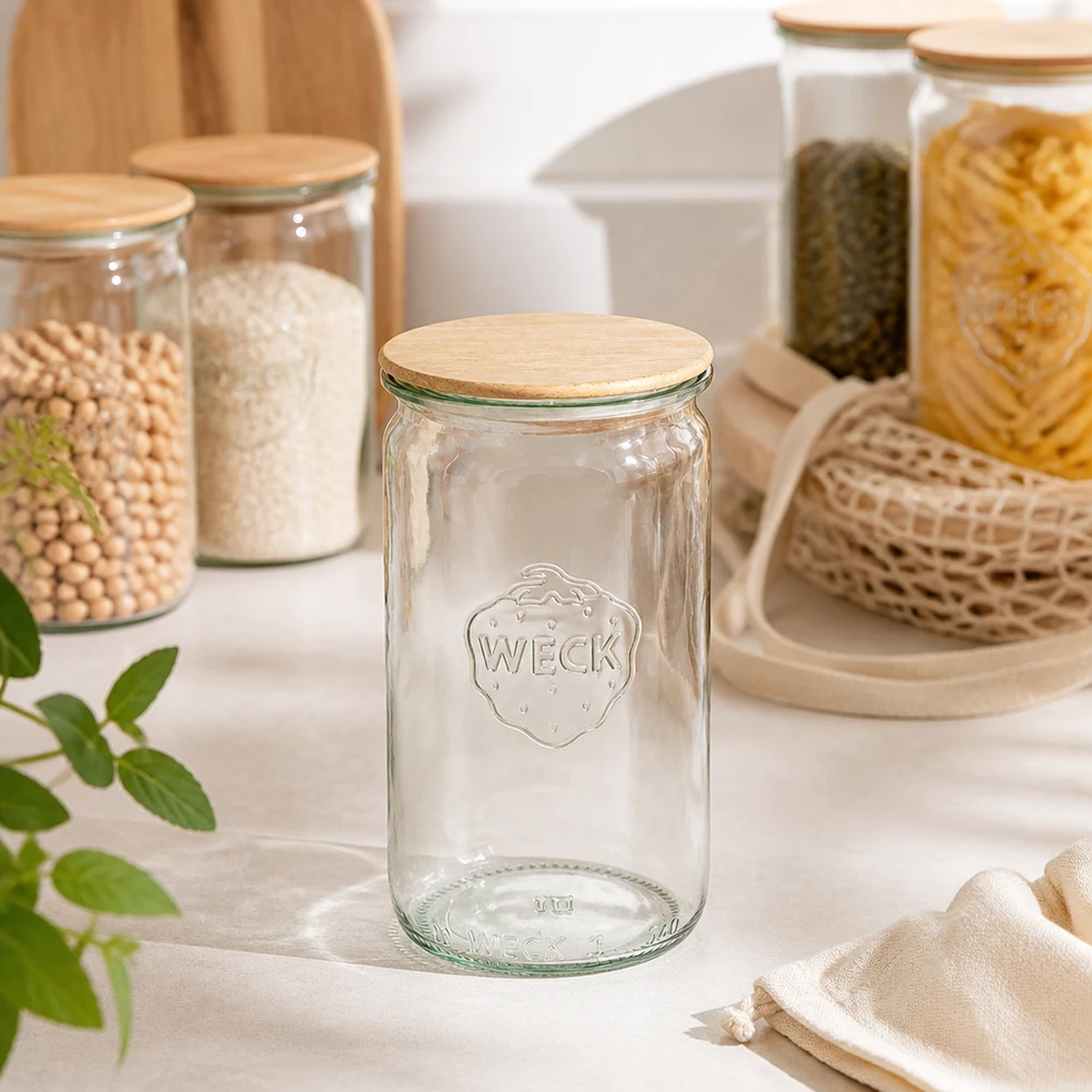 WECK Pot cylindrique 340ml RR60 vide transparent avec couvercle en bois dans un équipement de cuisine moderne avec bocaux à provisions