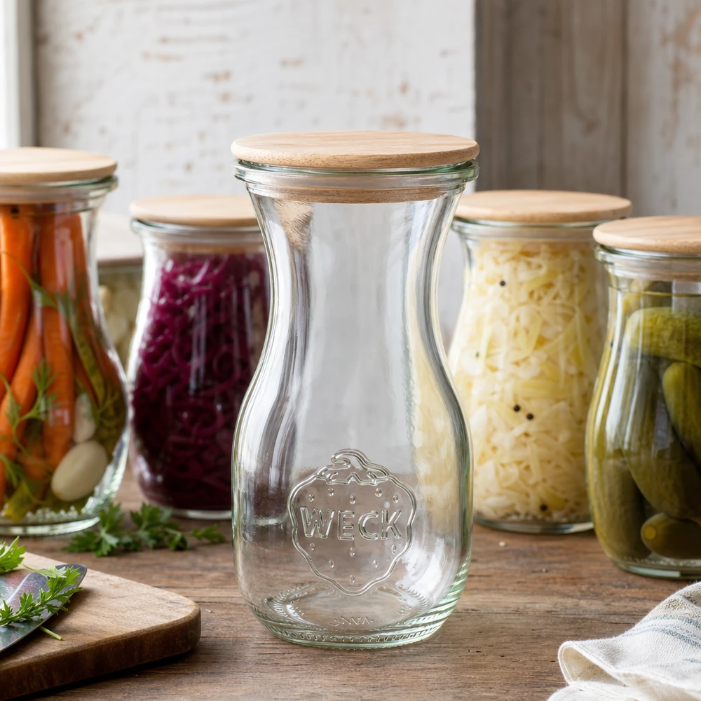 290ml Bouteille à jus de fruits WECK RR60 avec couvercle en bois WECK Bouteille de jus 290ml avec couvercle en bois entourée de bocaux colorés avec légumes marinés sur table en bois