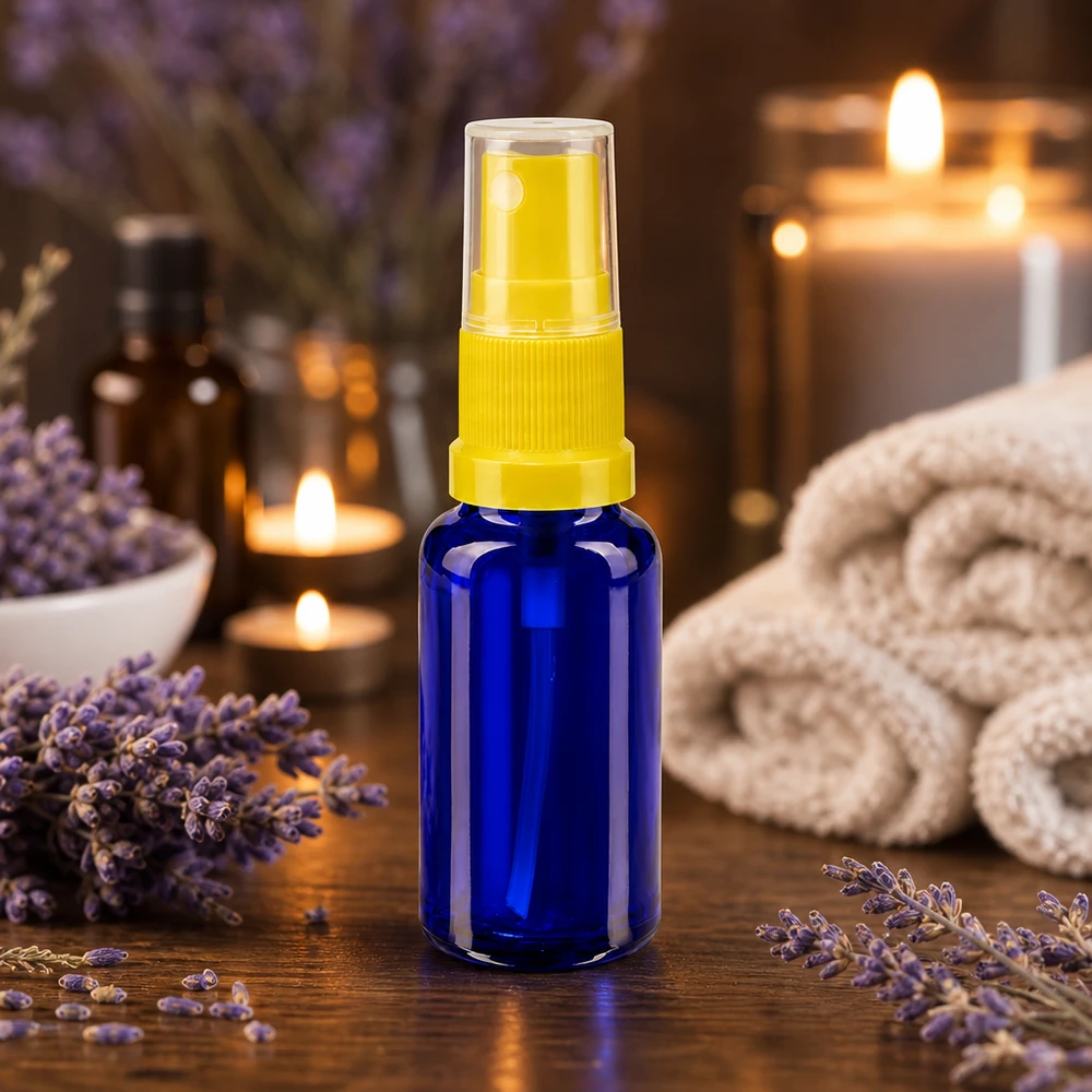 Flacon de pharmacie bleu 20ml embout spray jaune Flacon vaporisateur compact de 20 ml en verre d'apothicaire bleu, muni d'une pompe jaune, orné de fleurs de lavande