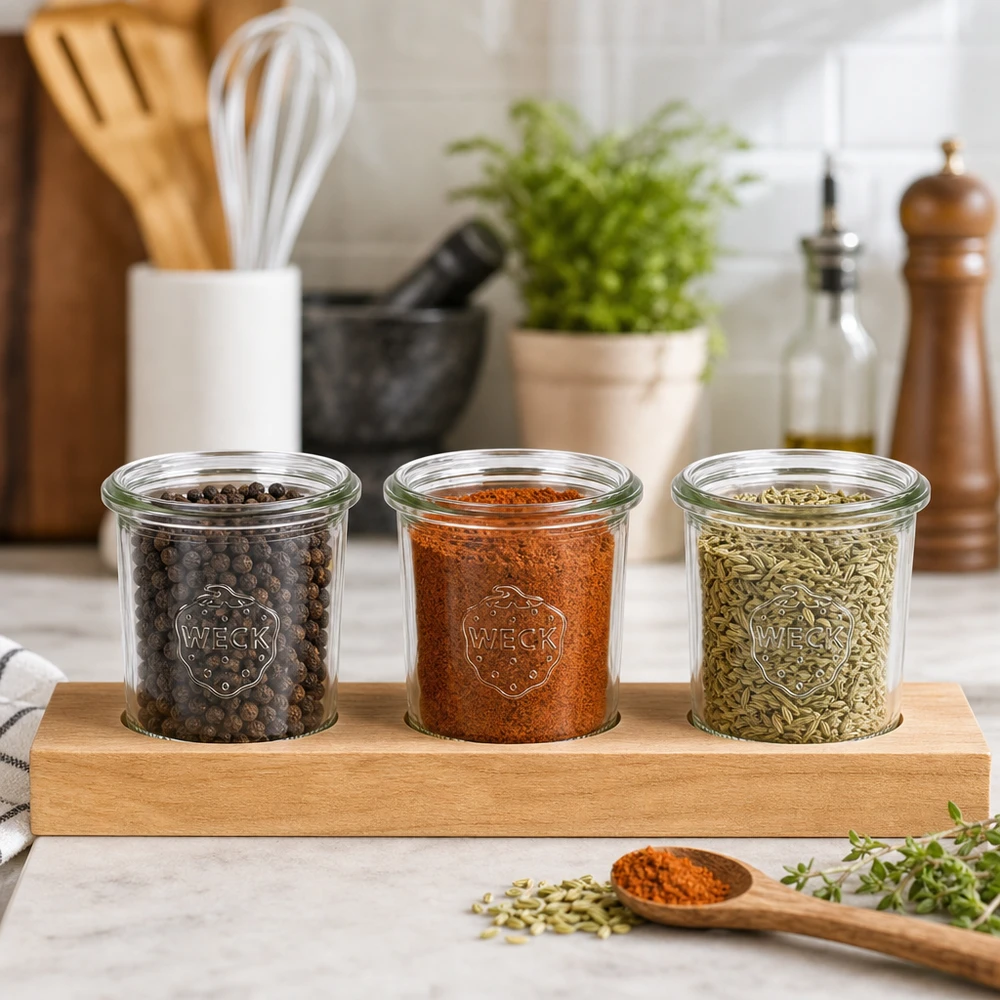Plateau de service Plano3 avec 3 bocaux Weck de 140 ml Épices en pots renversés WECK 140ml sur planche de service Plano3 grains de poivre paprika graines de fenouil organisation de la cuisine