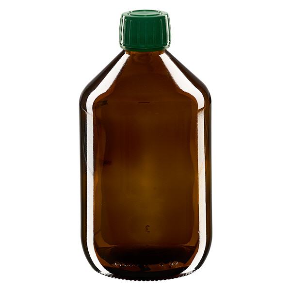 Flacon médical 500 ml couleur ambrée avec bouchon verte Flacon médical 500 ml couleur ambrée avec bouchon verte