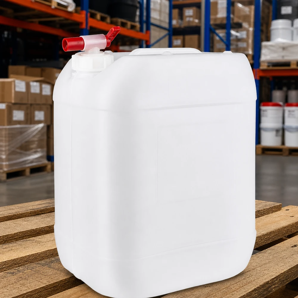 Jerrican de 20 litres avec robinet Bidon en plastique blanc vide de 20 litres avec robinet, sur palette en bois, en stock