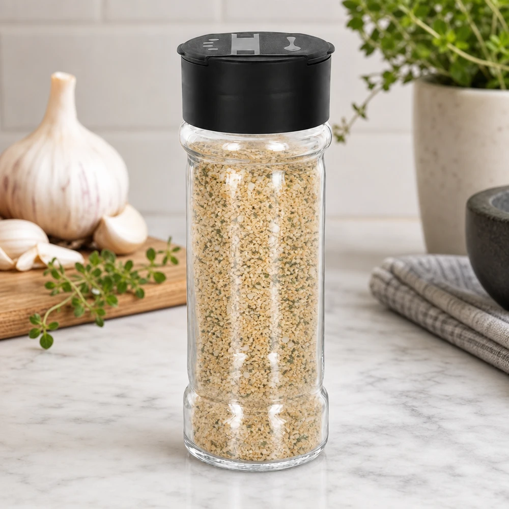 Pot à épices rempli de sésame, 100 ml, avec couvercle à double saupoudreuse noir, posé sur un socle en marbre