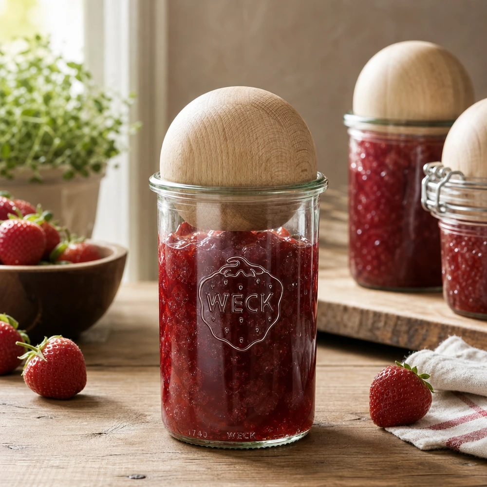 WECK Pot de conservation 1000ml rempli de confiture de fraises et couvercle en boule de bois dans une cuisine rustique avec des fraises fraîches