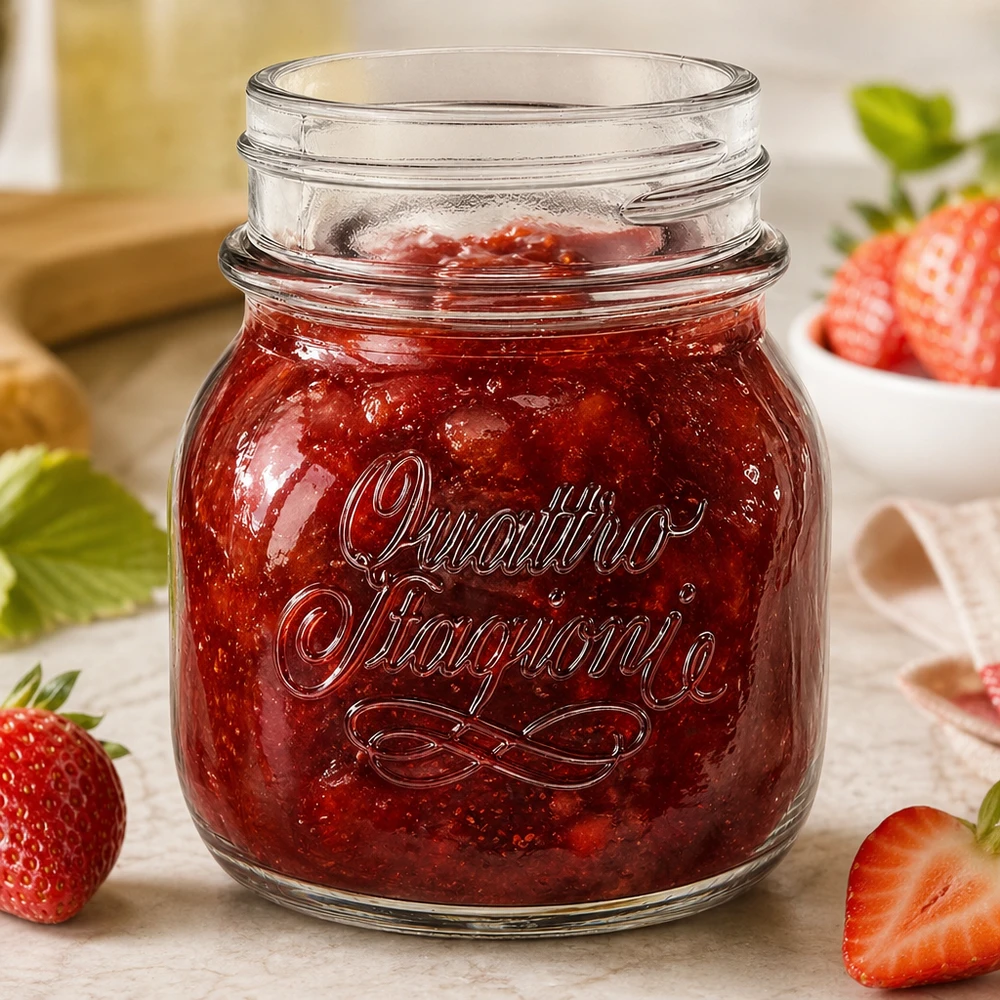 Pot ménager Quattro Stagioni 150ml rempli de confiture de fraises rouges à côté de fraises fraîches sur une table en bois