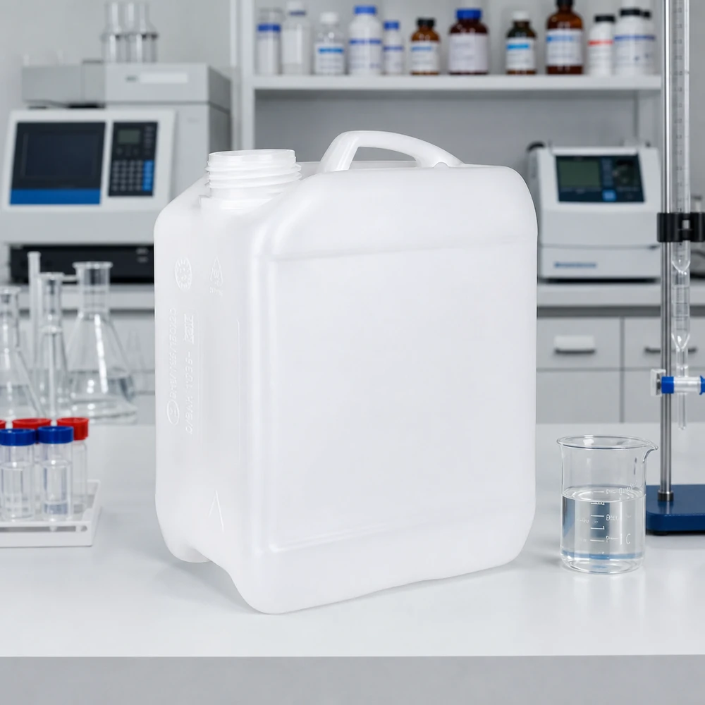 Bidon de 2,5 litres sans bouchon Un bidon rectangulaire de 2,5 litres sans bouchon posé sur un plan de travail blanc de laboratoire, à côté d'un bécher