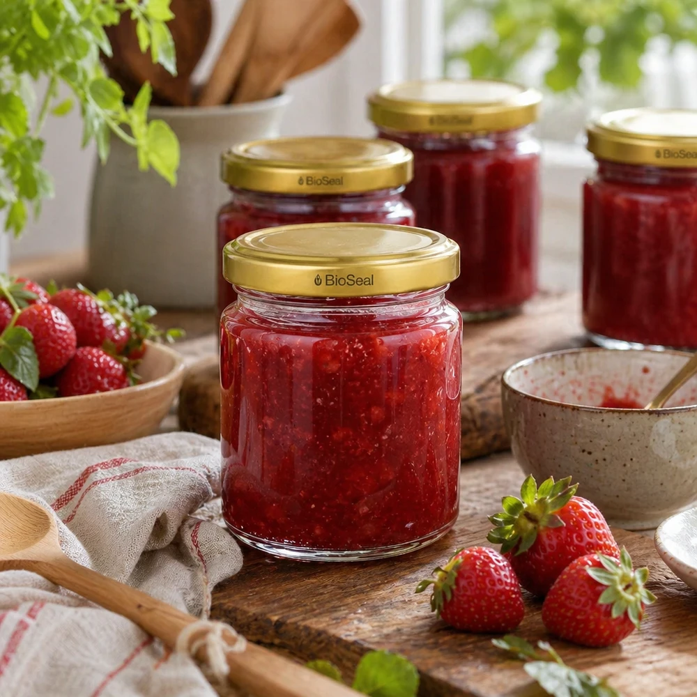 53ml Verre rond avec couvercle BioSeal or UNiTWIST Pots à confiture UNiTWIST Runda53 avec couvercle TO43 BioSeal doré remplis de confiture de fraises à côté de fraises fraîches