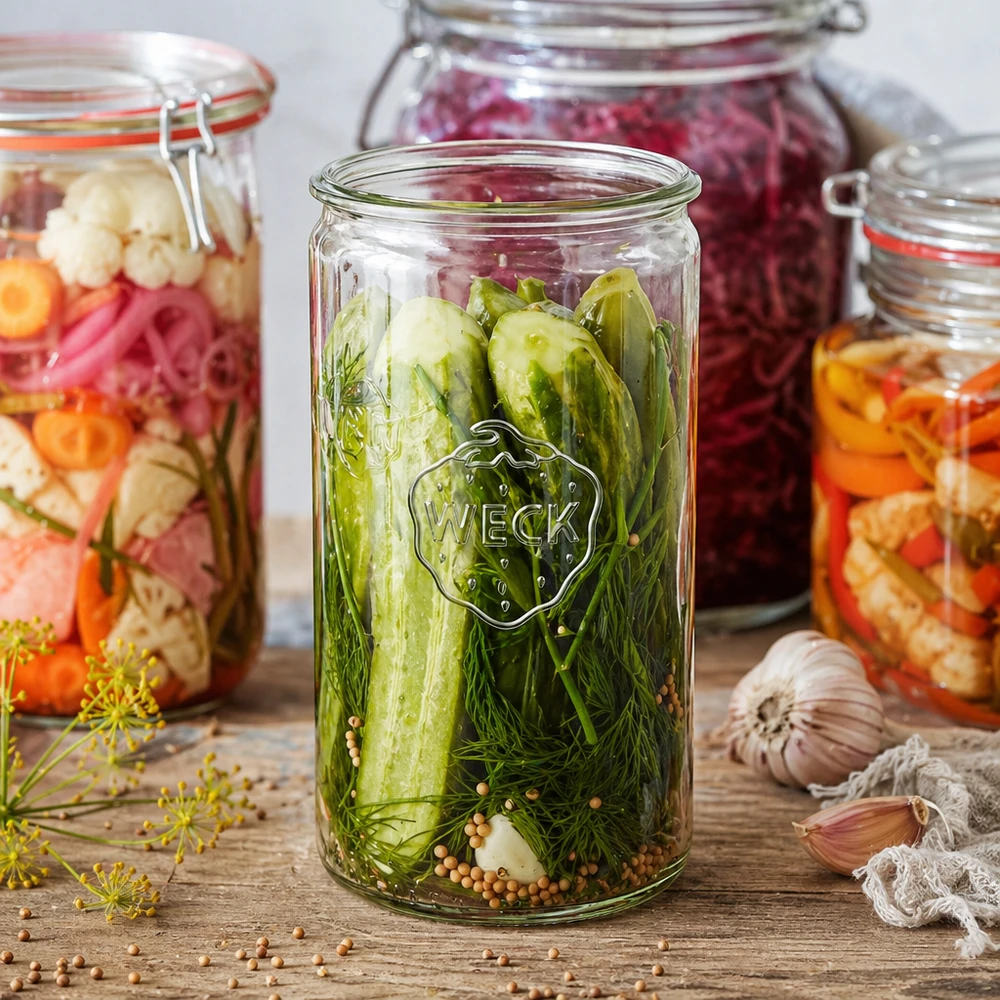 Bocal cylindrique en verre WECK RR100 de 1590 ml WECK RR100 Pot cylindrique 1590ml avec cornichons et aneth marinés à côté de bocaux colorés sur une planche en bois