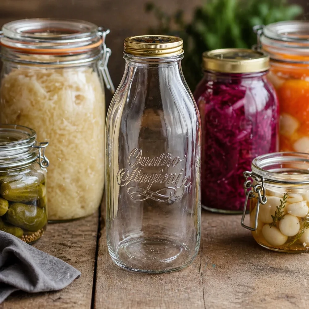 Bouteille en verre 1000ml « Quattro Stagioni » avec couvercle Bouteille de verre Quattro Stagioni 1000ml entre les bocaux de légumes fermentés et d'aliments marinés