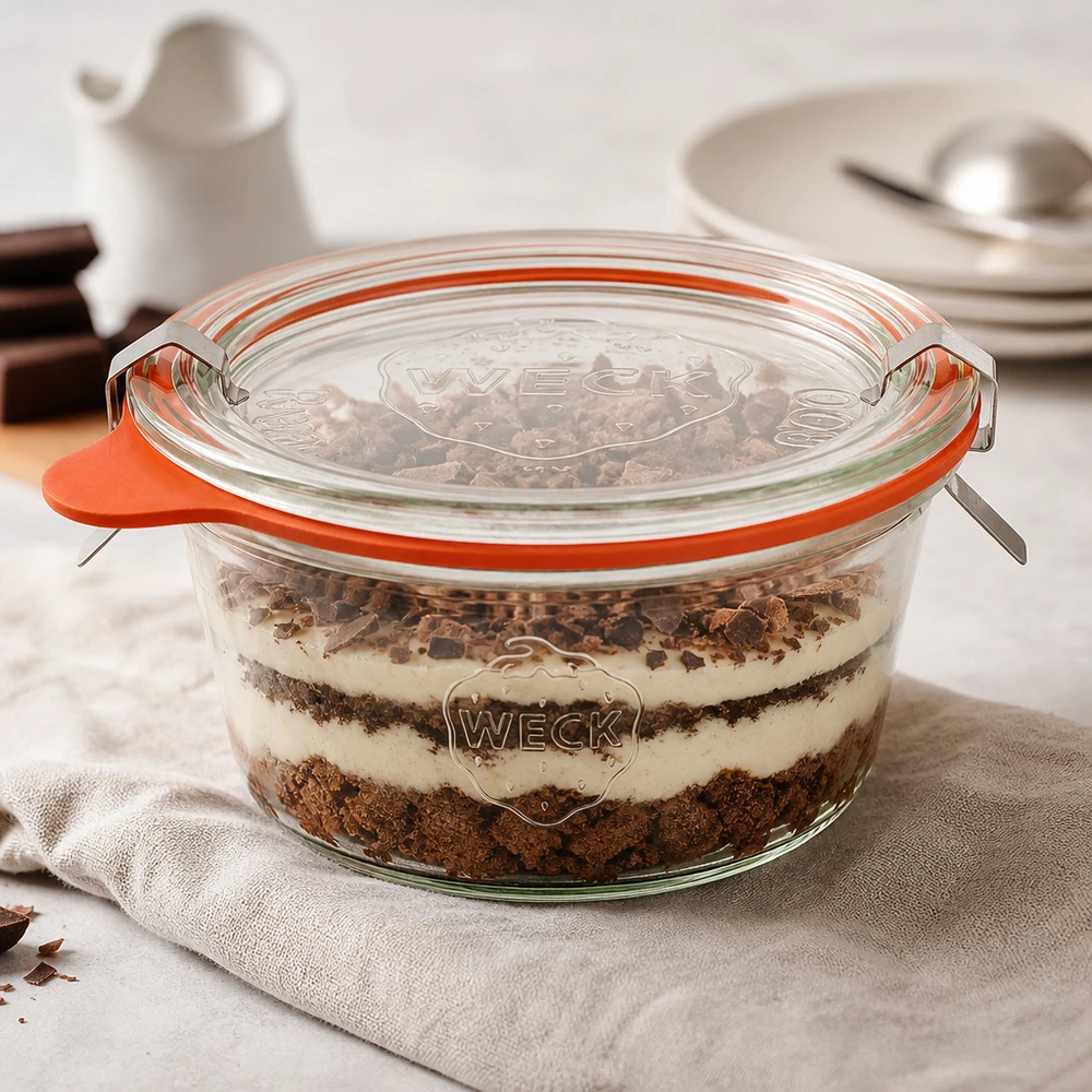 WECK Verre renversé 290ml RR100 rempli de dessert stratifié Tiramisu montre une utilisation polyvalente comme verre à dessert