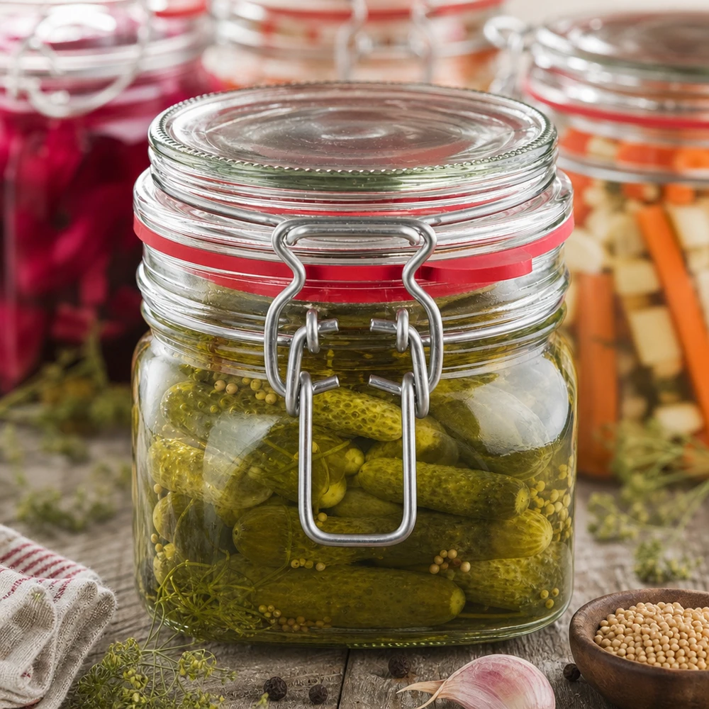 Bocal de 370 ml avec fermeture à étrier, parfait pour conserver les cornichons et les légumes.