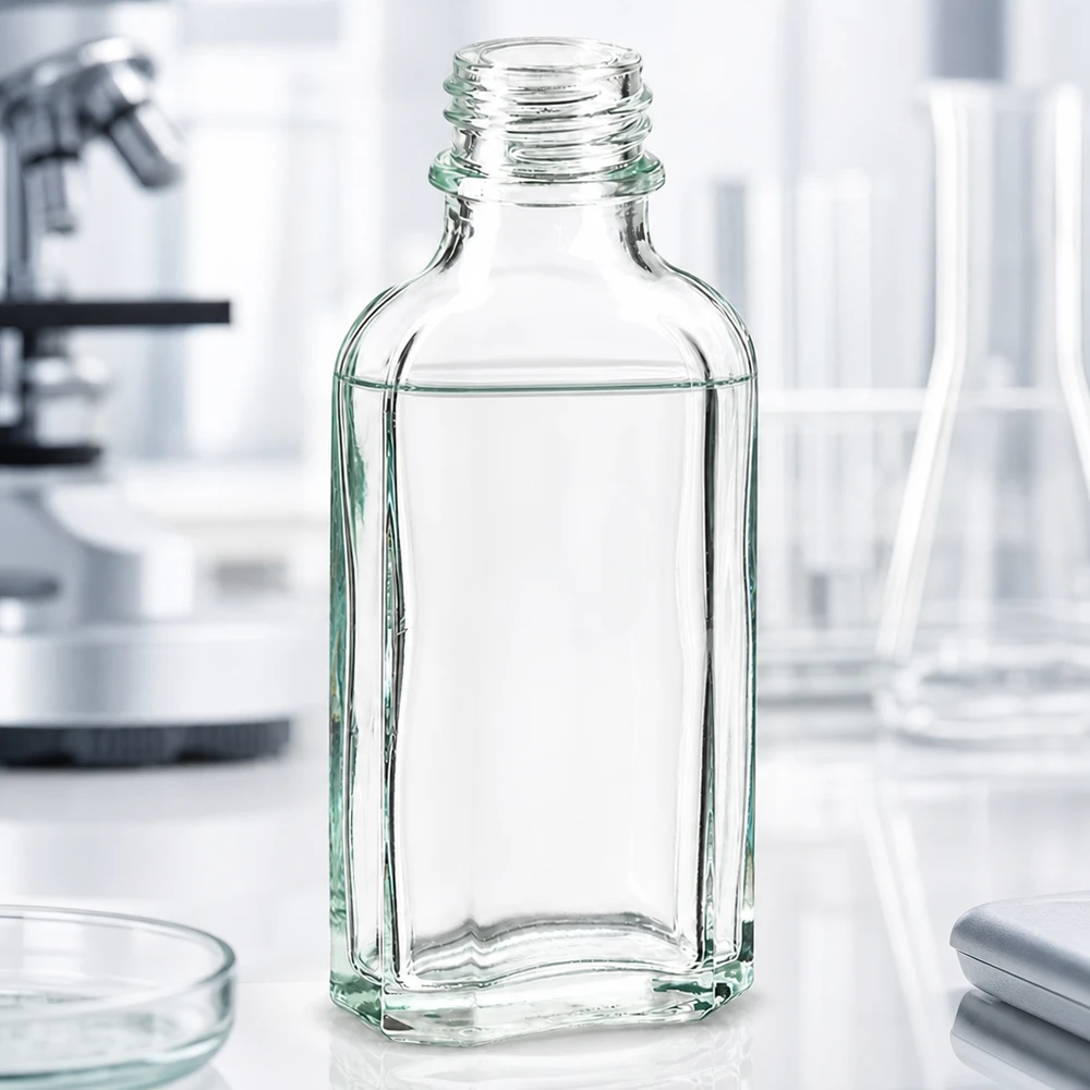 Flasque transparente de 50 ml au goulot DIN 22 Flacon Meplat transparent vide de 50 ml à bouchon à vis DIN 22, en laboratoire