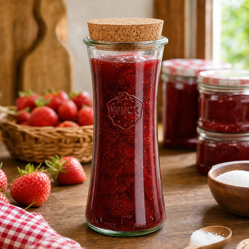 700ml bocal à gourmandises WECK RR80 avec bouchon nature WECK RR80 Pot de conserve 700ml avec bouchon en liège rempli de confiture de fraises sur une table en bois à côté de fraises fraîches
