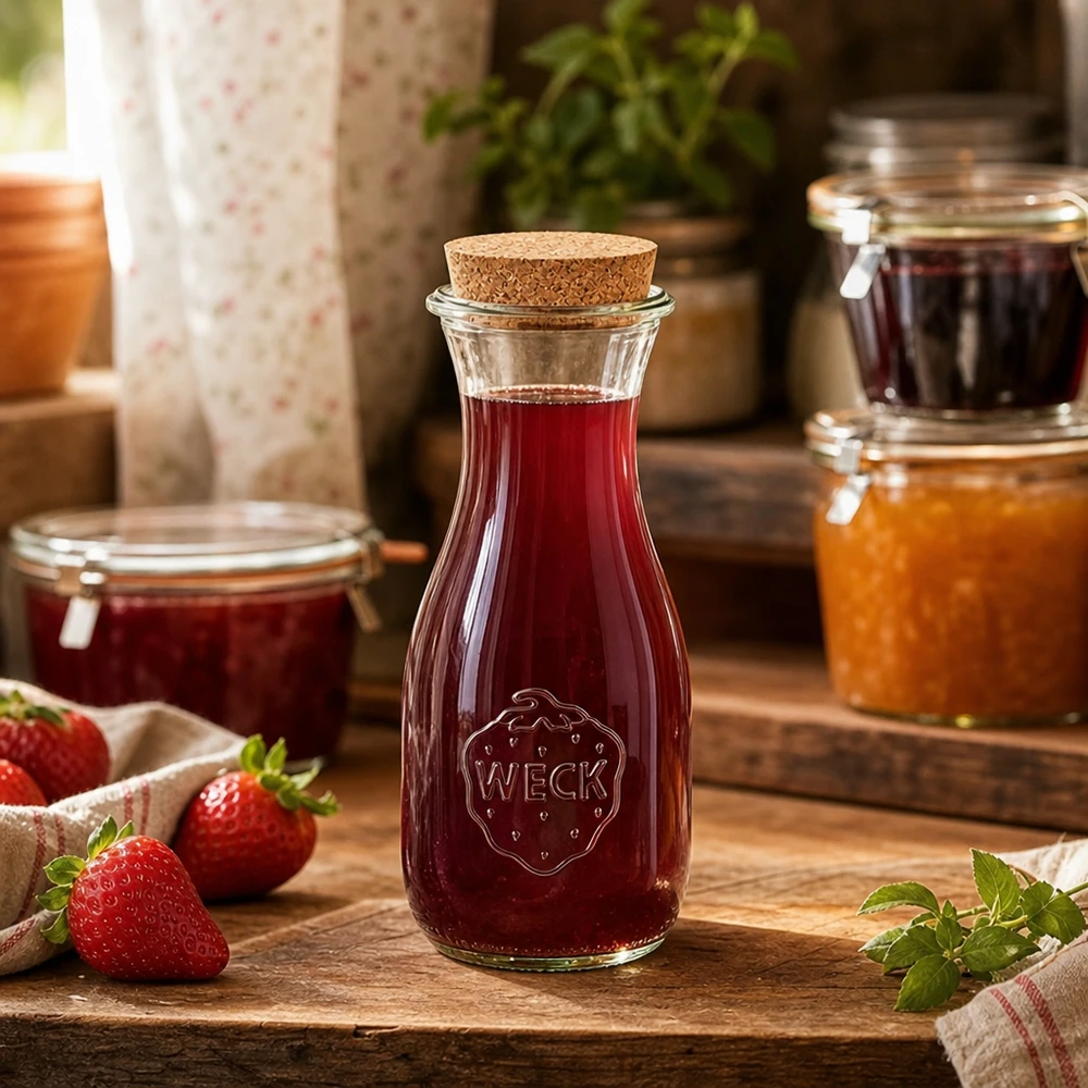 WECK Bouteille de jus 530ml remplie de jus rouge sur une table en bois à côté de pots de confiture et de fraises fraîches Cuisine