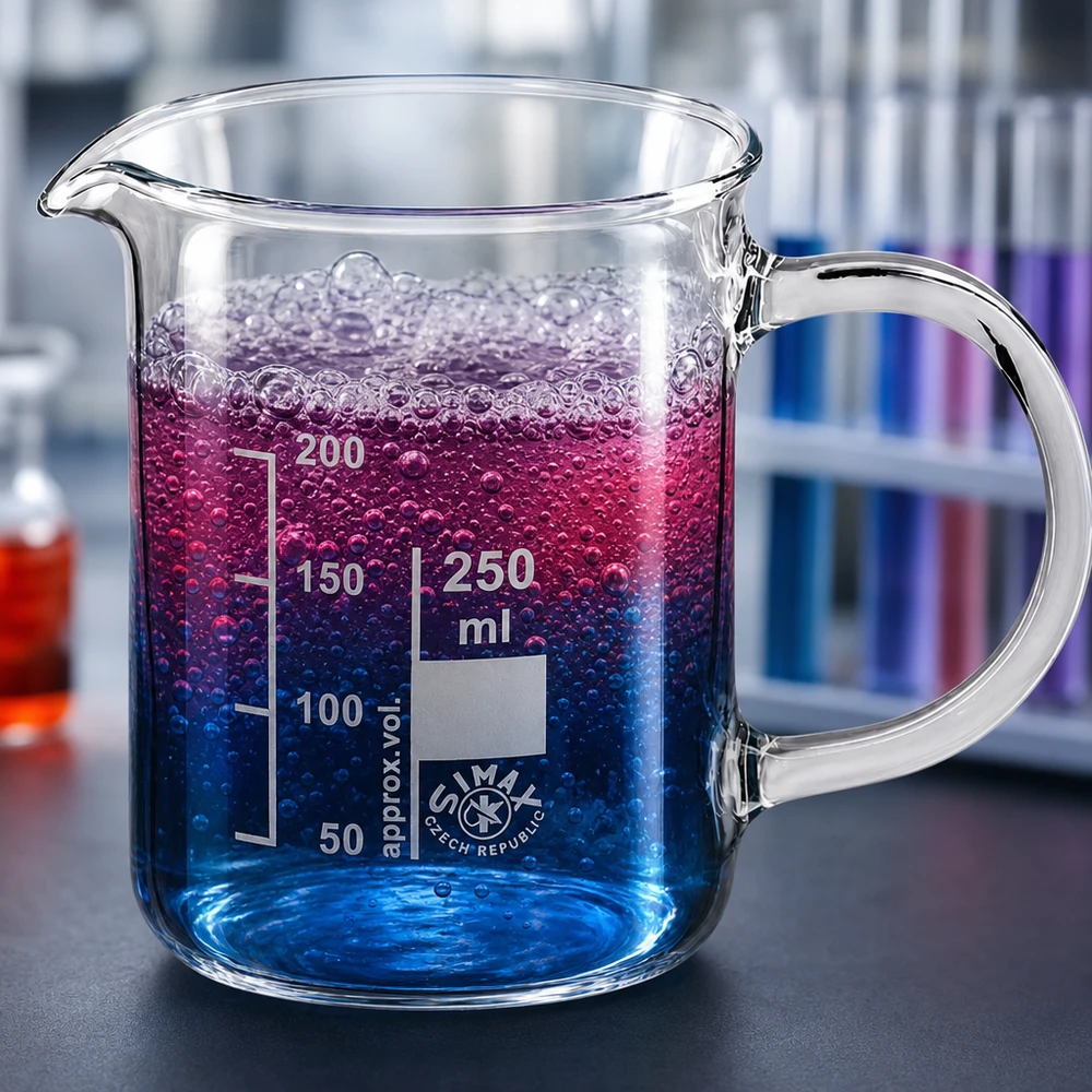 Bécher de 250 ml muni d'une anse et contenant un liquide bleu-violet avec des bulles, dans un environnement de laboratoire