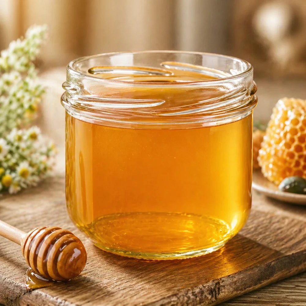UNiTWIST Sturz260 Verre rond 260ml TO82 rempli de miel sur une planche en bois à côté de la cuillère à miel et des alvéoles