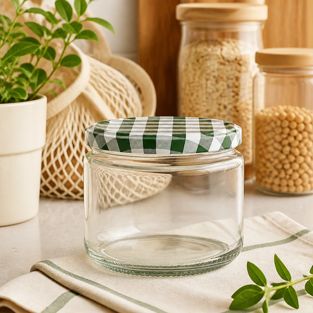330ml Verre rond avec couvercle BasicSeal vert/blanc UNiTWIST Verre rond de 330ml vide avec couvercle BasicSeal vert et blanc sur table de cuisine, bocaux à provisions et plantes en arrière-plan