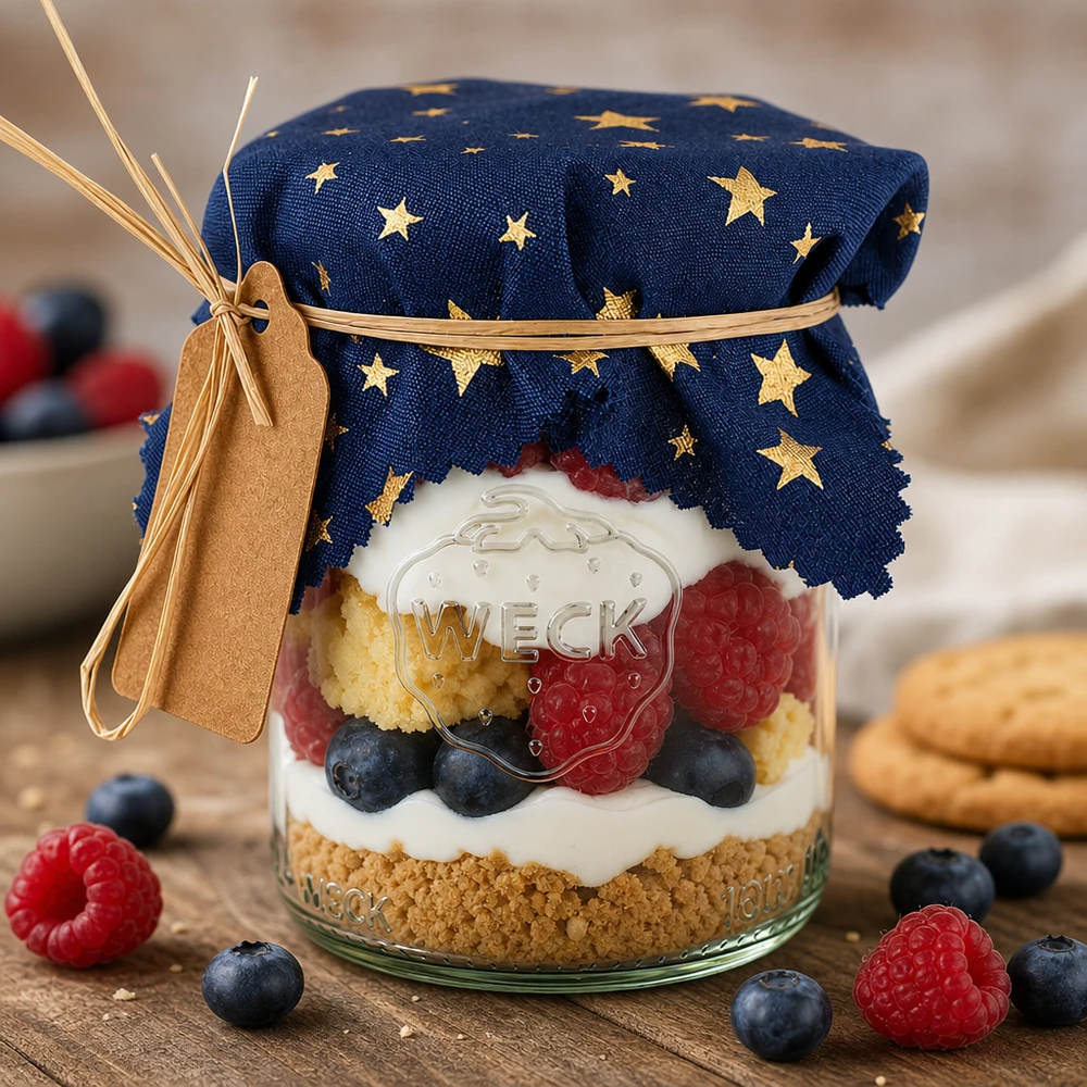 Couvercle en tissu bleu étoiles 120x120mm carré Dessert im Glas mit blauem Sternen-Stoffdeckchen, Beeren-Trifle dekorativ abgedeckt, festliche Präsentation für Gäste