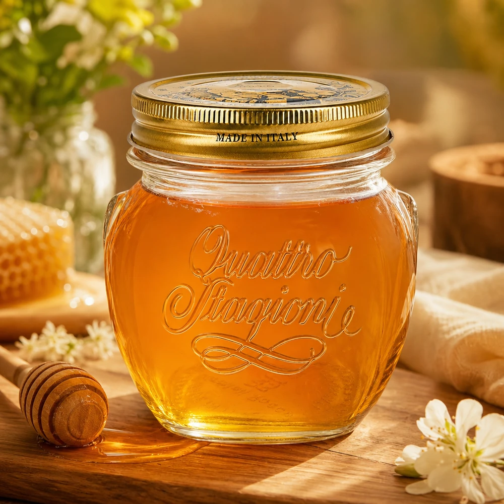 Verre rond 300ml « Quattro Stagioni » avec couvercle Quattro Stagioni 300ml verre rond avec couvercle doré rempli de miel sur table en bois Made in Italy