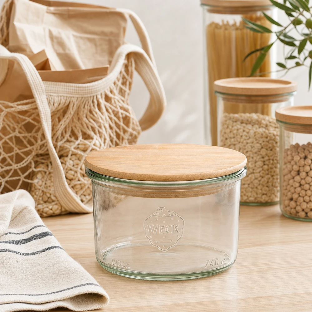 WECK Sturzglas 200ml mit Holzdeckel in moderner Zero-Waste Küche mit Vorratsgläsern und nachhaltigen Textilien