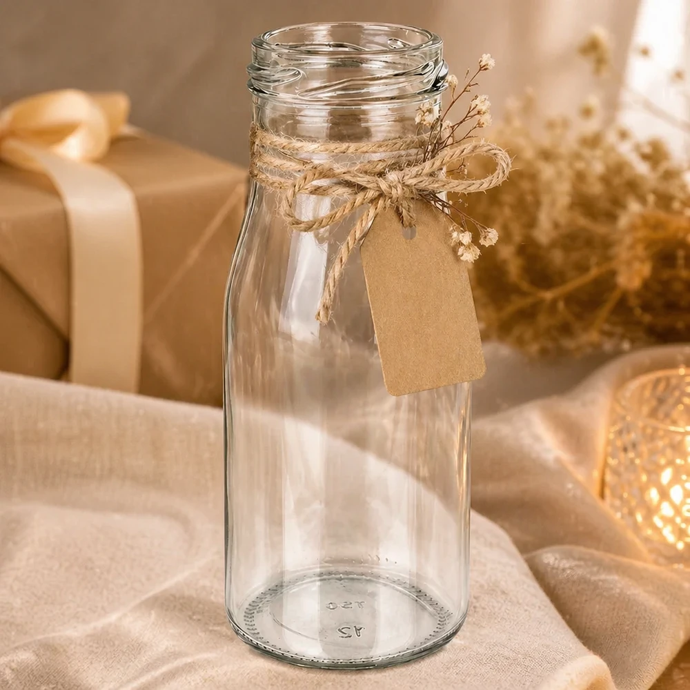 UNiTWIST Bottle150 Bouteille en verre 150ml TO43 pas de vis vide avec corde de jute et pendentif décor rustique