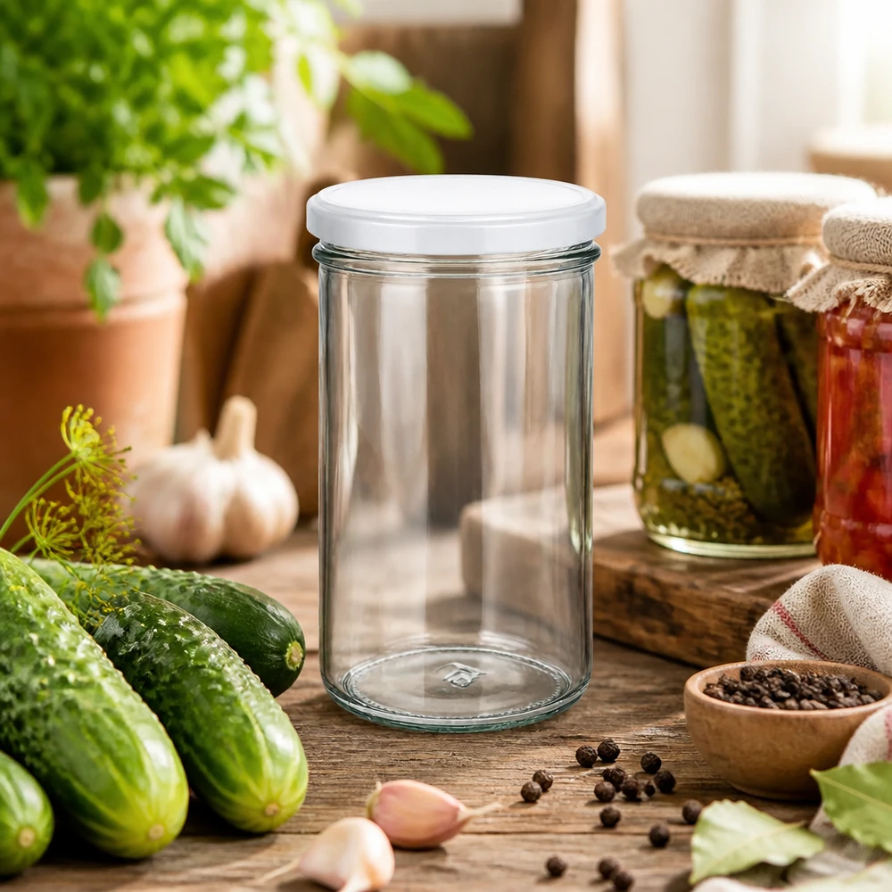230ml Verre conique avec couvercle BasicSeal blanc UNiTWIST 277ml Sturzglas in rustikaler Küchenszene mit Gurken und Gewürzen - vielseitiges Einmachglas für Pickles