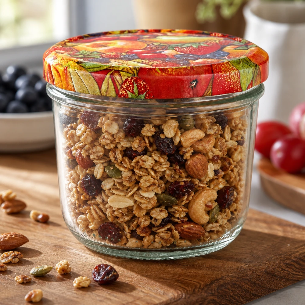 230ml Verre conique avec couvercle BasicSeal décor fruits UNiTWIST Pot renversé de 230 ml avec mélange de noix et couvercle multicolore BasicSeal décor fruits sur planche en bois avec noix et fruits secs